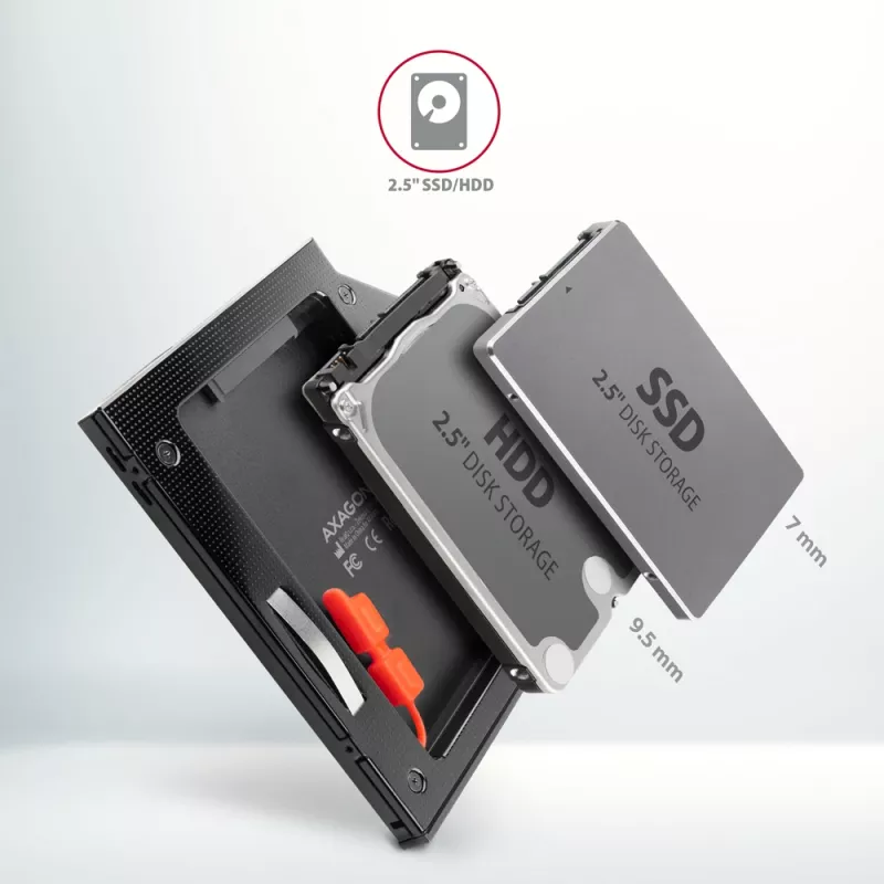 Axagon RSS-CD09 2.5 inch SSD/HDD adapteris į DVD lizdą 9.5 mm LED ALU sąsajos kortelės/adapteris vidinis SATA