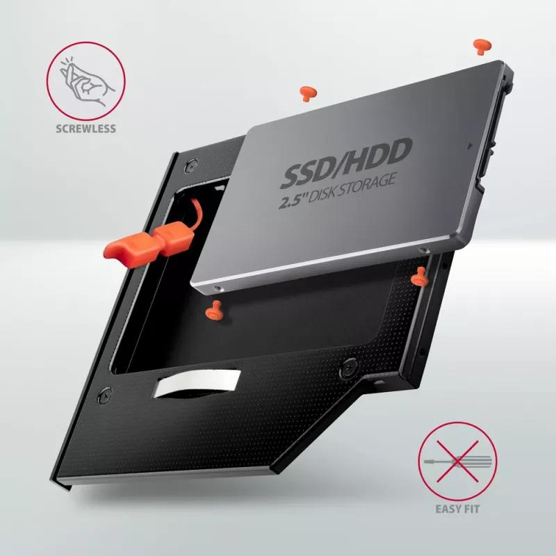 Axagon RSS-CD09 2.5 inch SSD/HDD adapteris į DVD lizdą 9.5 mm LED ALU sąsajos kortelės/adapteris vidinis SATA