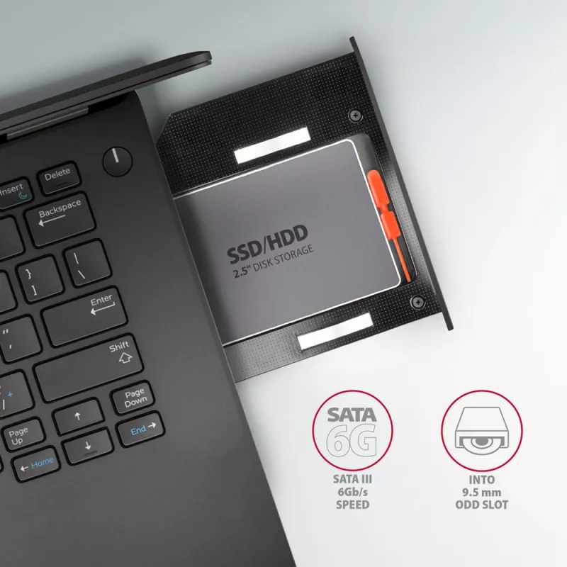 Axagon RSS-CD09 2.5 inch SSD/HDD adapteris į DVD lizdą 9.5 mm LED ALU sąsajos kortelės/adapteris vidinis SATA