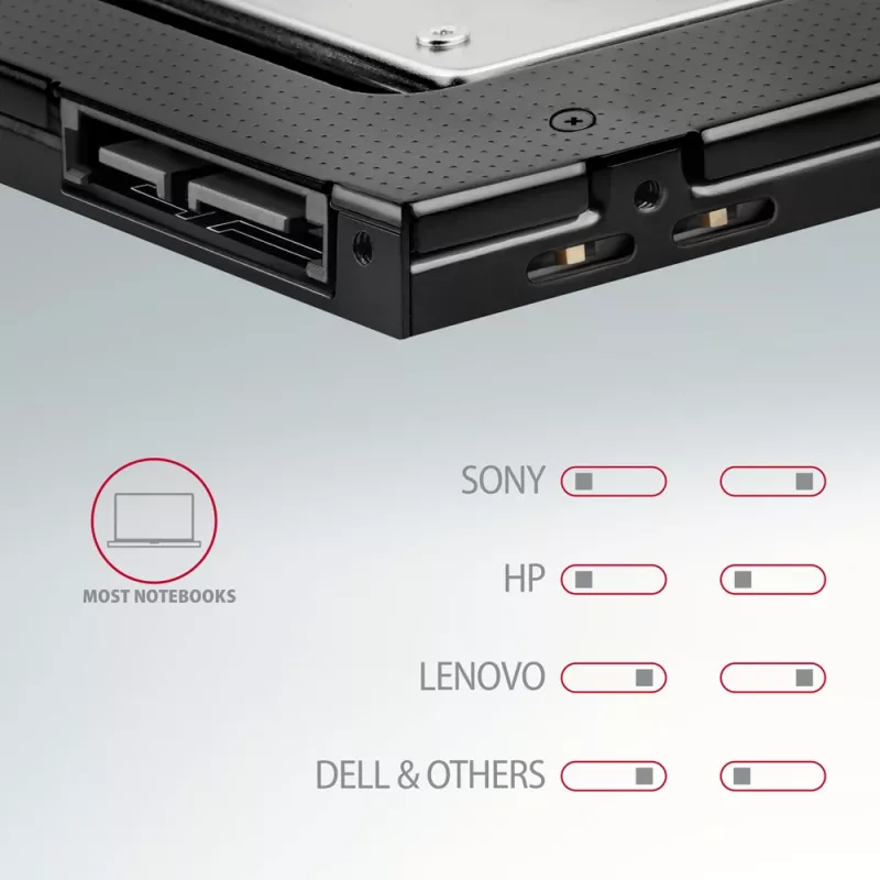 Axagon RSS-CD09 2.5 inch SSD/HDD adapteris į DVD lizdą 9.5 mm LED ALU sąsajos kortelės/adapteris vidinis SATA