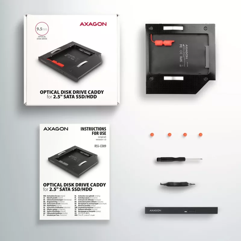 Axagon RSS-CD09 2.5 inch SSD/HDD adapteris į DVD lizdą 9.5 mm LED ALU sąsajos kortelės/adapteris vidinis SATA
