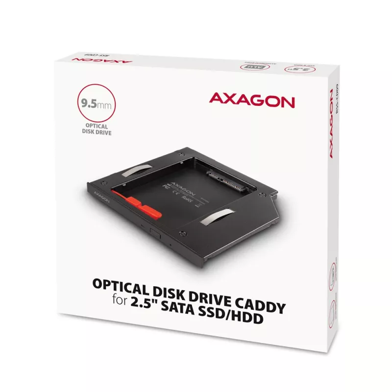 Axagon RSS-CD09 2.5 inch SSD/HDD adapteris į DVD lizdą 9.5 mm LED ALU sąsajos kortelės/adapteris vidinis SATA