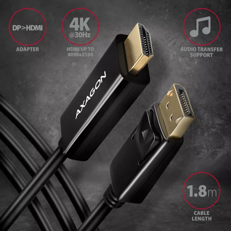 Aktyvus kabelis Axagon RVD-HI14C2 DisplayPort → HDMI 1.4 1,8 m, 4K/30 Hz