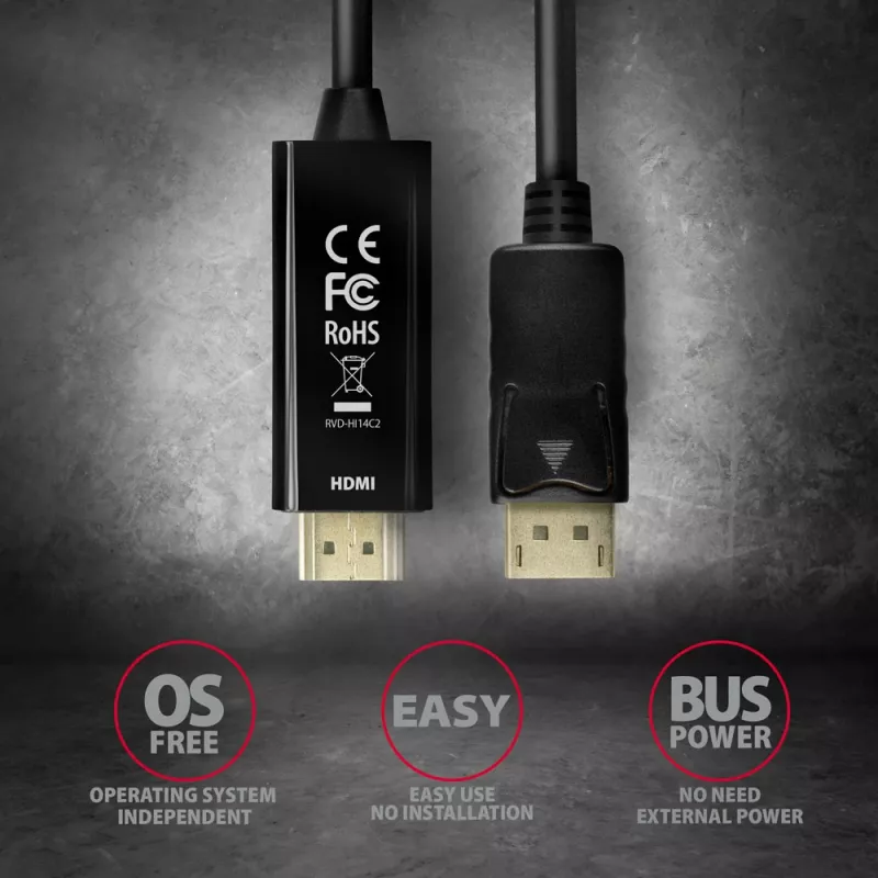 Aktyvus kabelis Axagon RVD-HI14C2 DisplayPort → HDMI 1.4 1,8 m, 4K/30 Hz