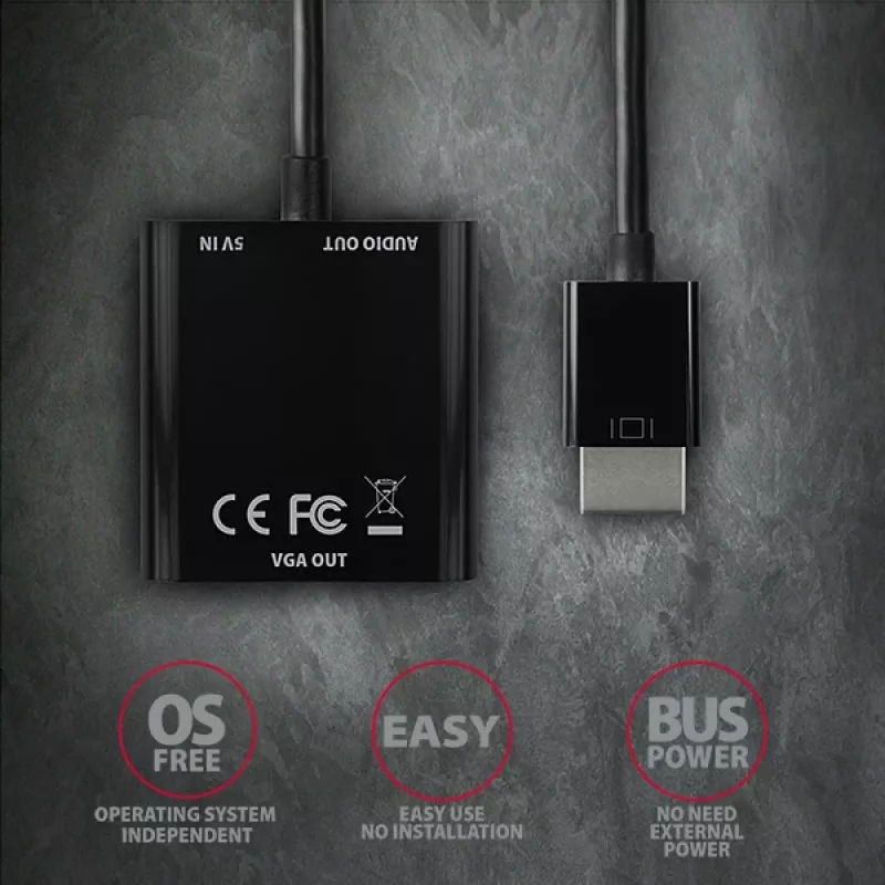 Adapteris Axagon RVH-VGAN HDMI -> VGA, FullHD, 1920x1200, garso išvestis, maitinimo įvadas