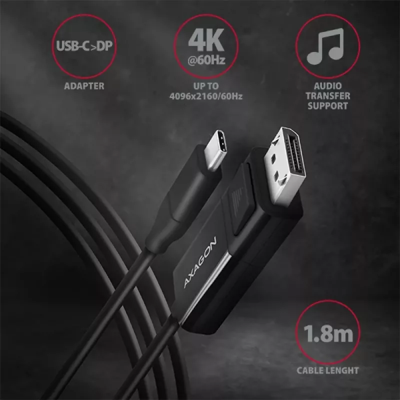 Aktyvus USB-C į DisplayPort kabelis Axagon RVC-DPC 1,8m 4K/60Hz