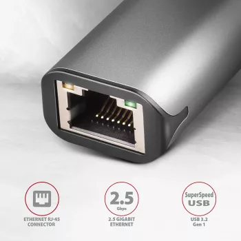 2,5 Gigabit eterneto adapteris AXAGON ADE-25R — USB Type-C, 10/100/1000/2500 Mbit/s, 5000 Mbit/s, aliuminis, pilkas