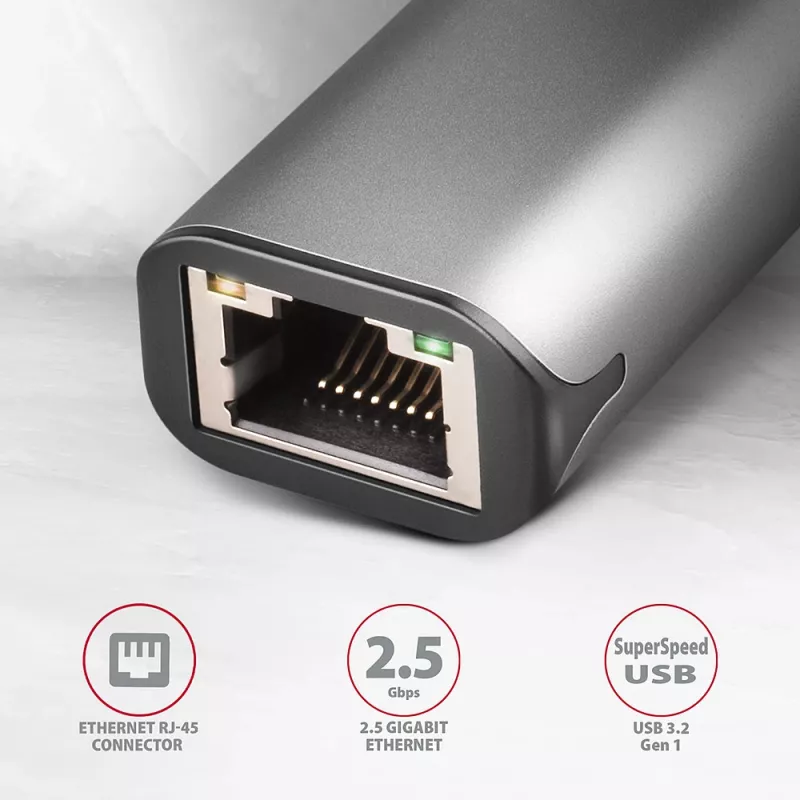 2,5 Gigabit eterneto adapteris AXAGON ADE-25R — USB Type-C, 10/100/1000/2500 Mbit/s, 5000 Mbit/s, aliuminis, pilkas