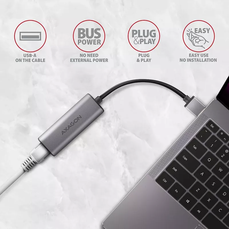 2,5 Gigabit eterneto adapteris AXAGON ADE-25R — USB Type-C, 10/100/1000/2500 Mbit/s, 5000 Mbit/s, aliuminis, pilkas