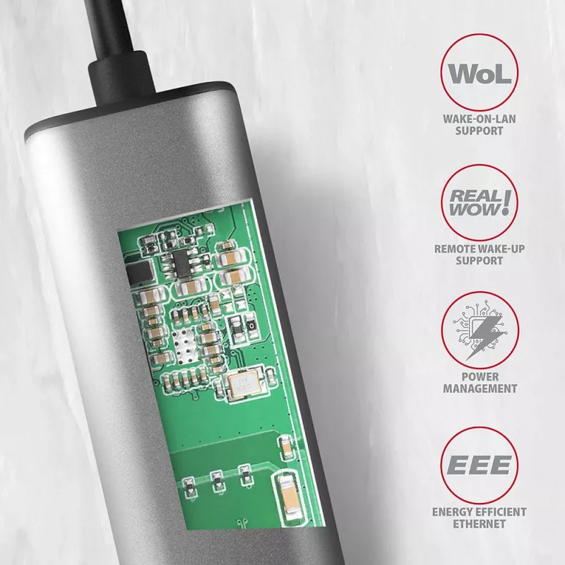 2,5 Gigabit eterneto adapteris AXAGON ADE-25R — USB Type-C, 10/100/1000/2500 Mbit/s, 5000 Mbit/s, aliuminis, pilkas