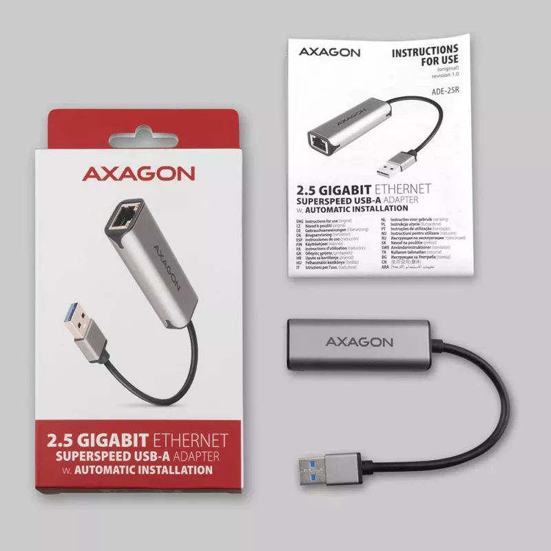 2,5 Gigabit eterneto adapteris AXAGON ADE-25R — USB Type-C, 10/100/1000/2500 Mbit/s, 5000 Mbit/s, aliuminis, pilkas