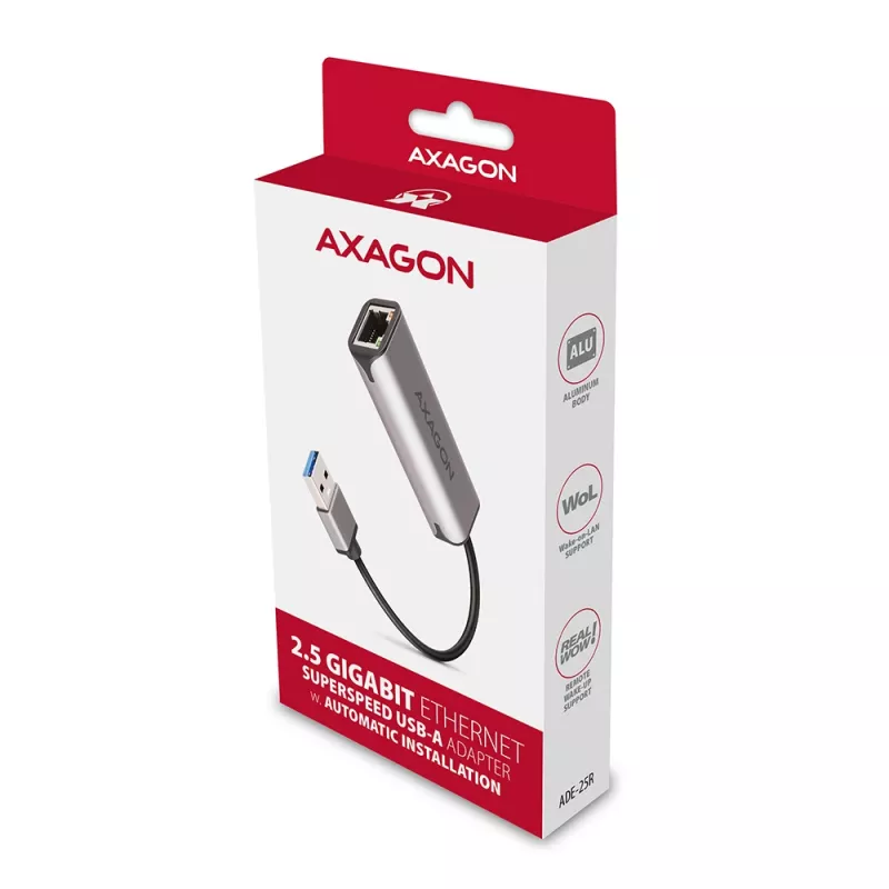 2,5 Gigabit eterneto adapteris AXAGON ADE-25R — USB Type-C, 10/100/1000/2500 Mbit/s, 5000 Mbit/s, aliuminis, pilkas