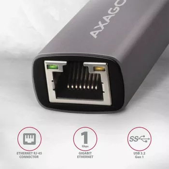 AXAGON USB 3.2 Gen 1 Type-A į Gigabit Ethernet adapteris ADE-TR — 10/100/1000 Mbps, metalinis titano pilkos spalvos, 5000 Mbit/s