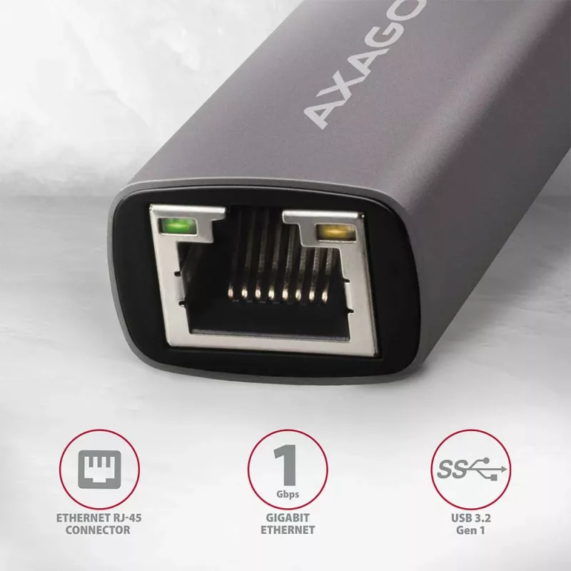 AXAGON USB 3.2 Gen 1 Type-A į Gigabit Ethernet adapteris ADE-TR — 10/100/1000 Mbps, metalinis titano pilkos spalvos, 5000 Mbit/s