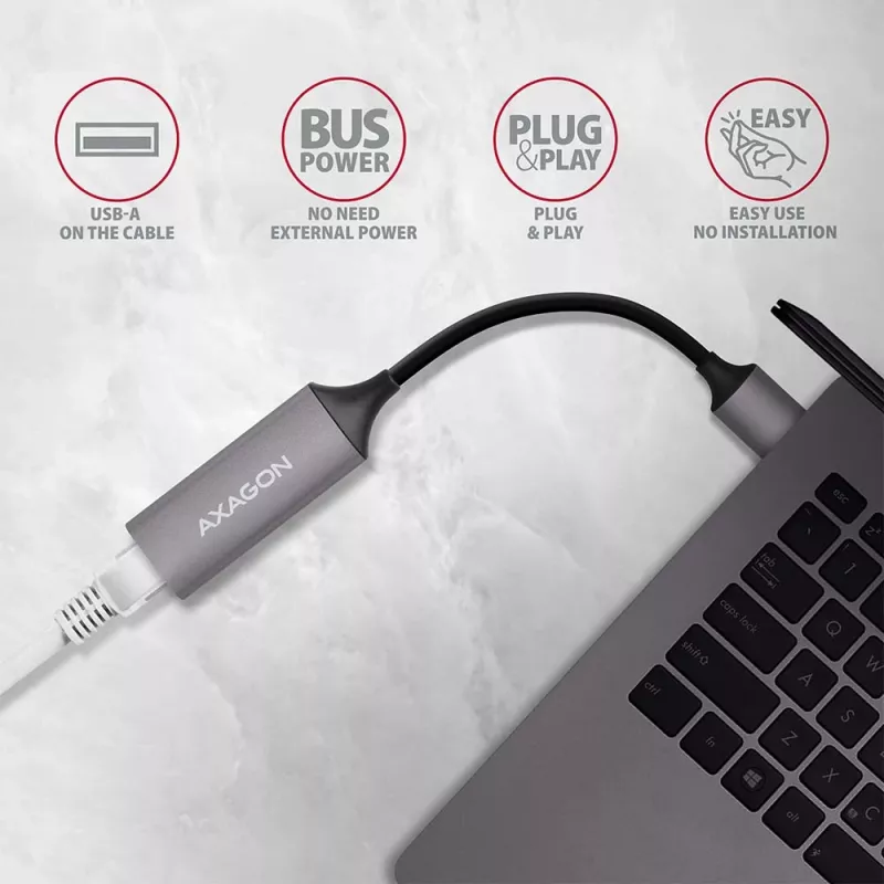 AXAGON USB 3.2 Gen 1 Type-A į Gigabit Ethernet adapteris ADE-TR — 10/100/1000 Mbps, metalinis titano pilkos spalvos, 5000 Mbit/s
