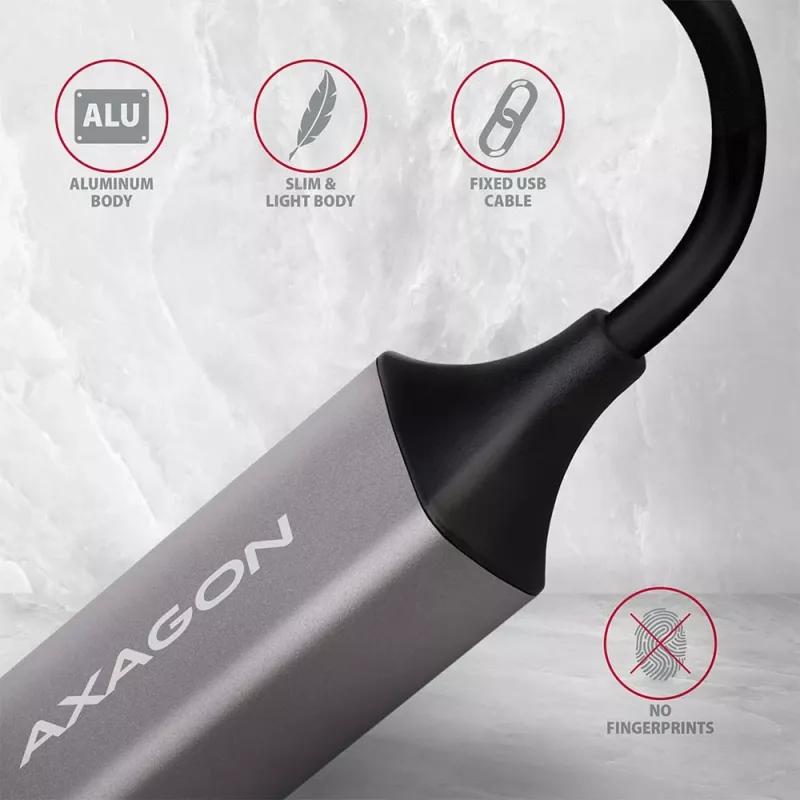 AXAGON USB 3.2 Gen 1 Type-A į Gigabit Ethernet adapteris ADE-TR — 10/100/1000 Mbps, metalinis titano pilkos spalvos, 5000 Mbit/s