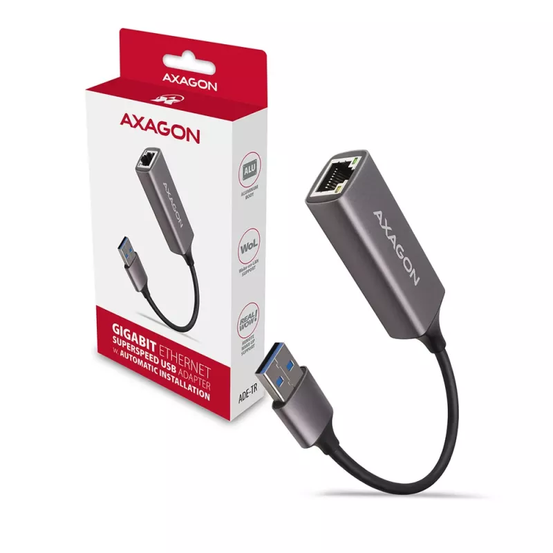 AXAGON USB 3.2 Gen 1 Type-A į Gigabit Ethernet adapteris ADE-TR — 10/100/1000 Mbps, metalinis titano pilkos spalvos, 5000 Mbit/s