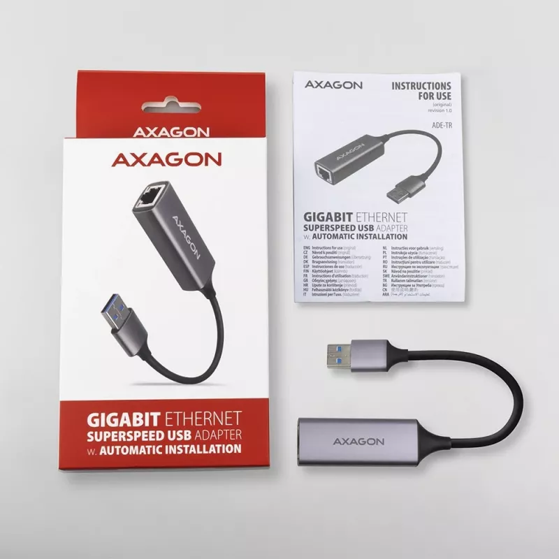 AXAGON USB 3.2 Gen 1 Type-A į Gigabit Ethernet adapteris ADE-TR — 10/100/1000 Mbps, metalinis titano pilkos spalvos, 5000 Mbit/s