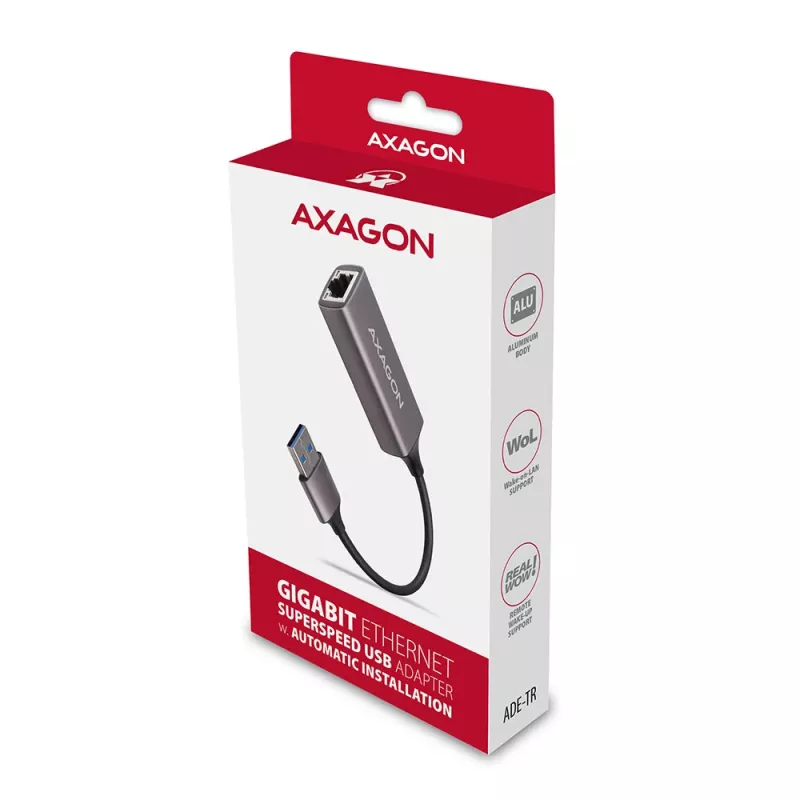 AXAGON USB 3.2 Gen 1 Type-A į Gigabit Ethernet adapteris ADE-TR — 10/100/1000 Mbps, metalinis titano pilkos spalvos, 5000 Mbit/s