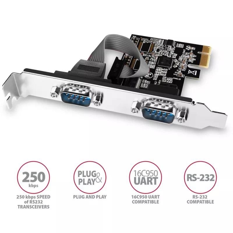 Axagon PCEA-S2N PCIe adapteris 2x RS-232 250 kbps su SP ir LP