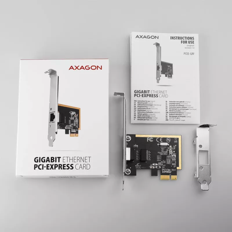 Axagon PCEE-GRF PCIe – Gigabit Ethernet adapteris su Realtek 8111F, standartiniu ir žemo profilio laikikliais