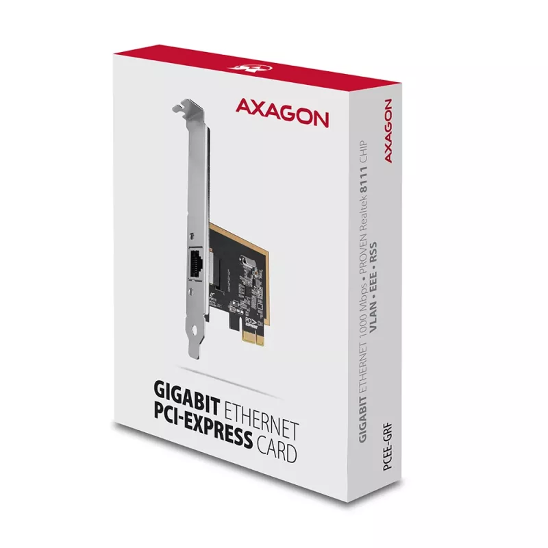 Axagon PCEE-GRF PCIe – Gigabit Ethernet adapteris su Realtek 8111F, standartiniu ir žemo profilio laikikliais