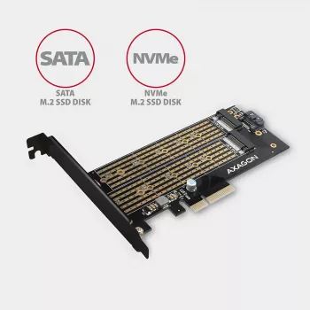Axagon PCEM2-D PCIe x4 adapteris dviems M.2 SSD (NVMe M-key + SATA B-key) su LP ir SP laikikliais