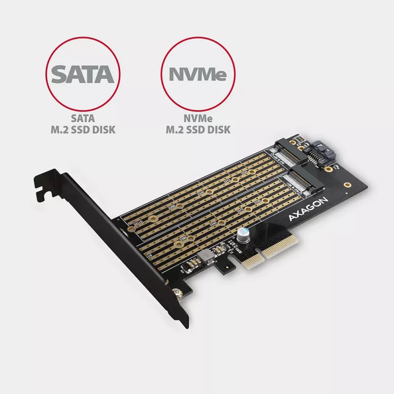 Axagon PCEM2-D PCIe x4 adapteris dviems M.2 SSD (NVMe M-key + SATA B-key) su LP ir SP laikikliais