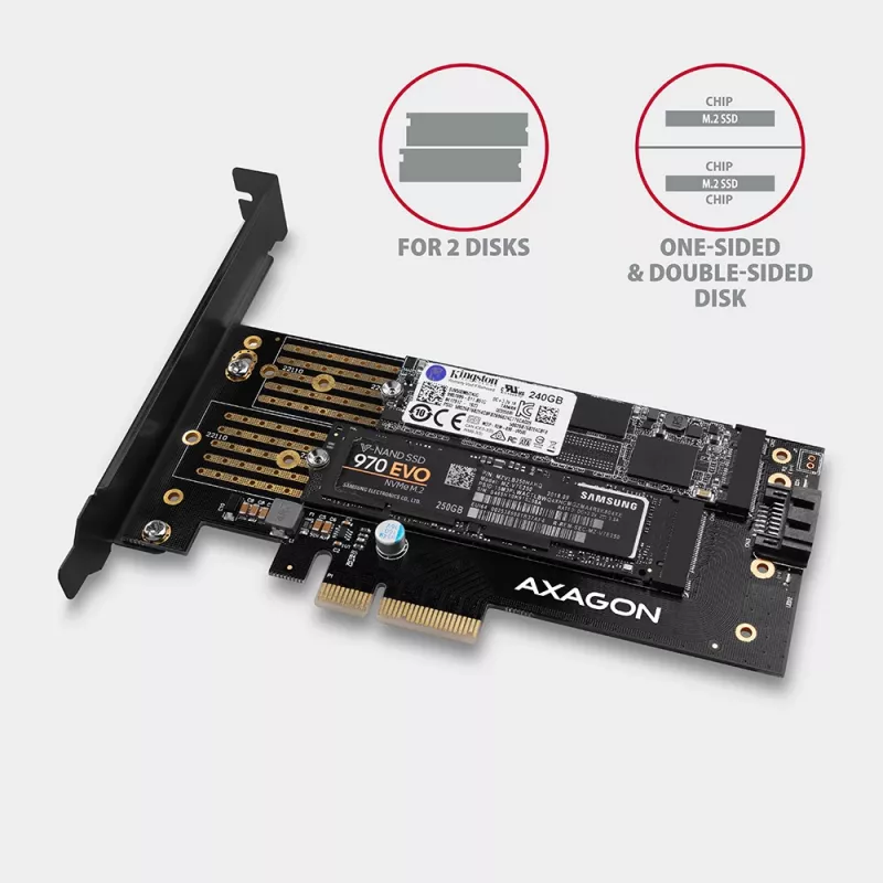 Axagon PCEM2-D PCIe x4 adapteris dviems M.2 SSD (NVMe M-key + SATA B-key) su LP ir SP laikikliais