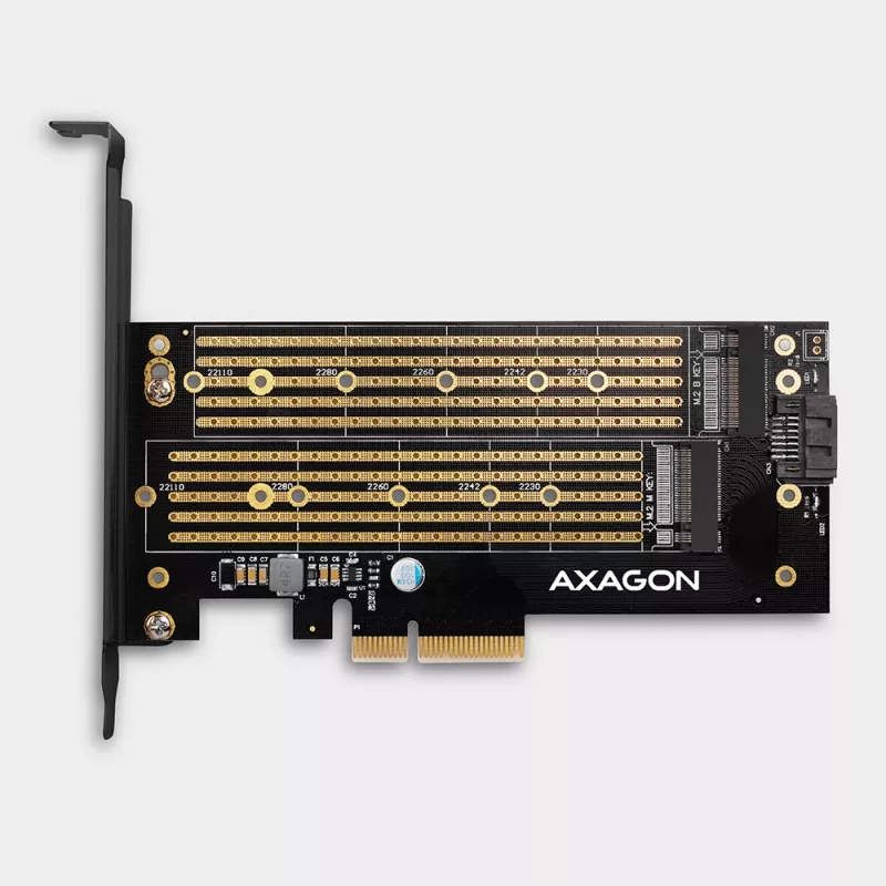 Axagon PCEM2-D PCIe x4 adapteris dviems M.2 SSD (NVMe M-key + SATA B-key) su LP ir SP laikikliais
