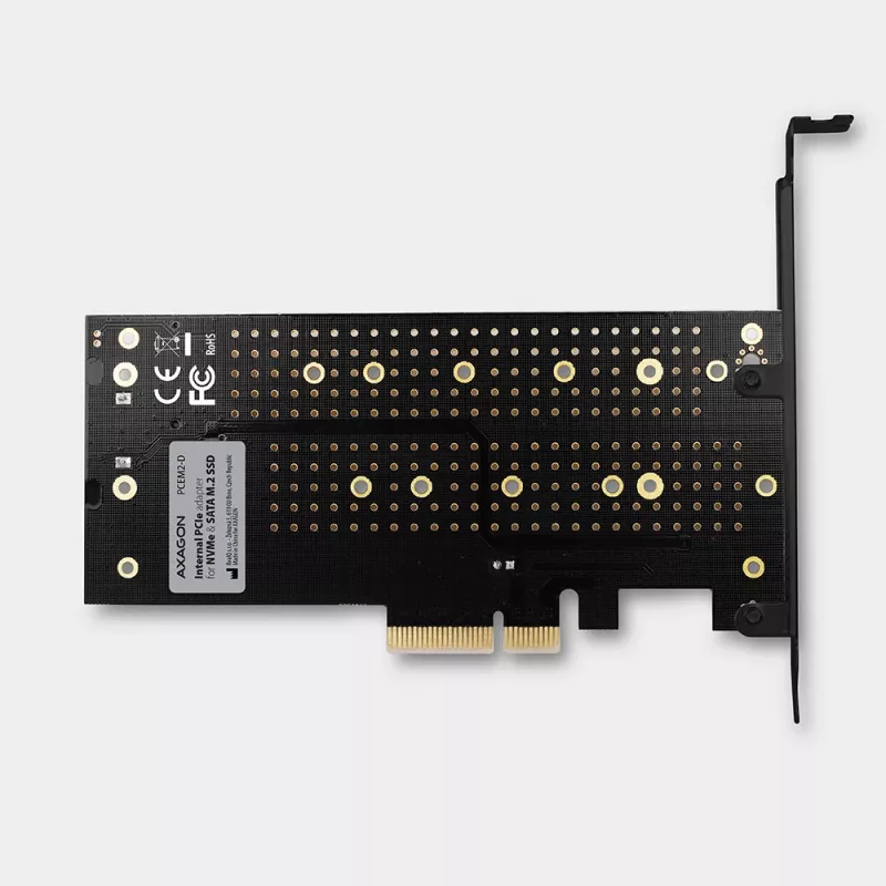 Axagon PCEM2-D PCIe x4 adapteris dviems M.2 SSD (NVMe M-key + SATA B-key) su LP ir SP laikikliais