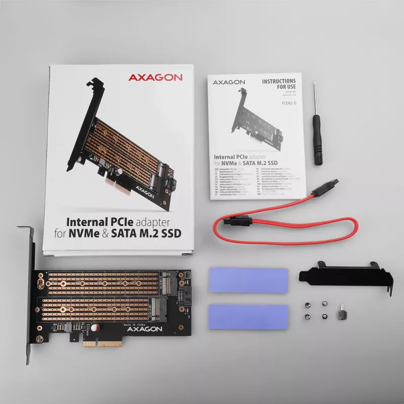 Axagon PCEM2-D PCIe x4 adapteris dviems M.2 SSD (NVMe M-key + SATA B-key) su LP ir SP laikikliais
