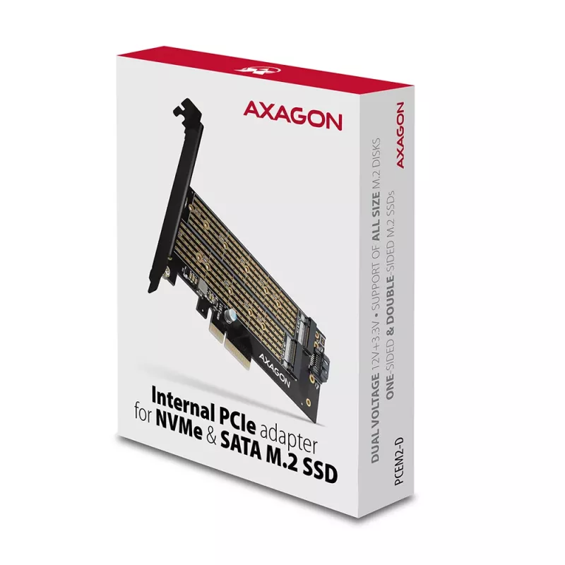 Axagon PCEM2-D PCIe x4 adapteris dviems M.2 SSD (NVMe M-key + SATA B-key) su LP ir SP laikikliais