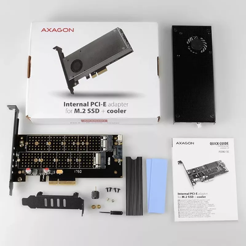 Axagon PCEM2-DC PCIe x4 adapteris M.2 NVMe M-key ir SATA B-key lizdams su aušintuvu, SP ir LP