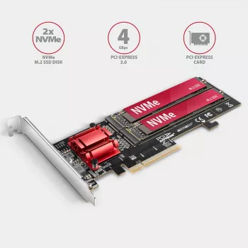 Axagon PCEM2-ND PCIe x8 - dviejų M.2 NVMe M-rakto lizdų adapteris, RAID, duomenų jungiklis, su SP ir LP