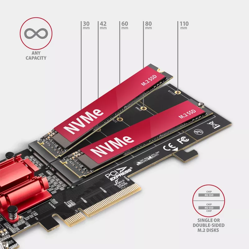 Axagon PCEM2-ND PCIe x8 - dviejų M.2 NVMe M-rakto lizdų adapteris, RAID, duomenų jungiklis, su SP ir LP