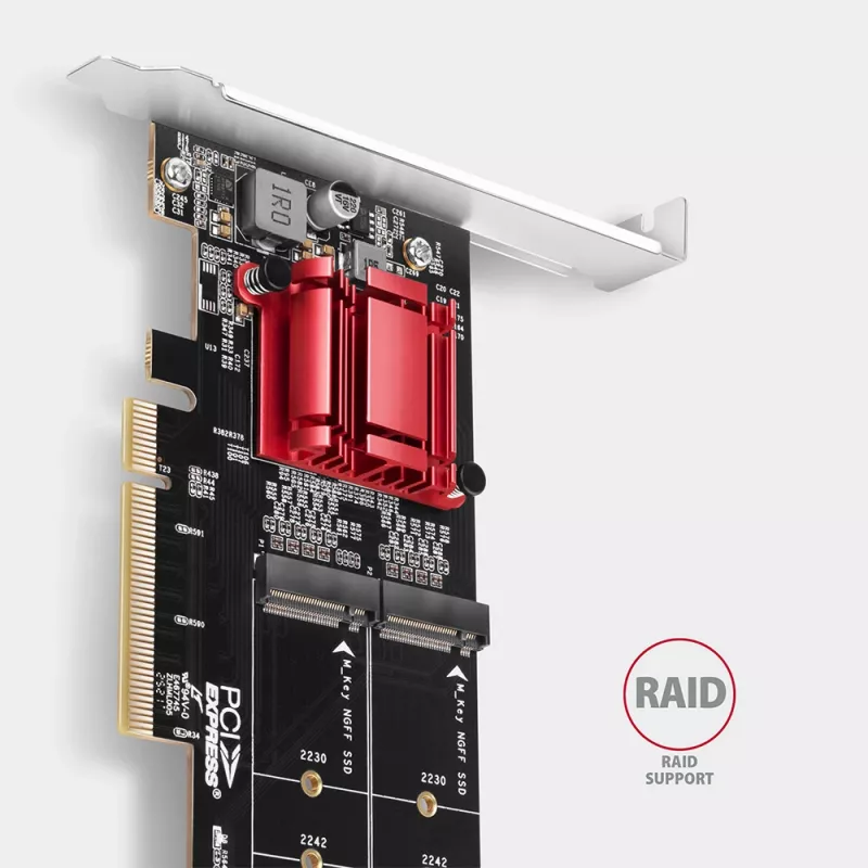 Axagon PCEM2-ND PCIe x8 - dviejų M.2 NVMe M-rakto lizdų adapteris, RAID, duomenų jungiklis, su SP ir LP