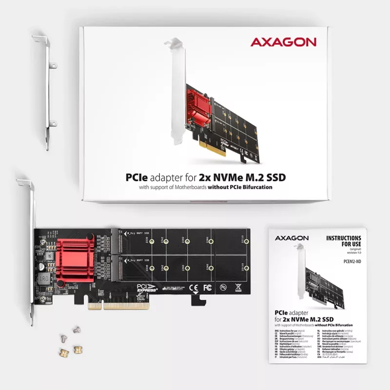 Axagon PCEM2-ND PCIe x8 - dviejų M.2 NVMe M-rakto lizdų adapteris, RAID, duomenų jungiklis, su SP ir LP