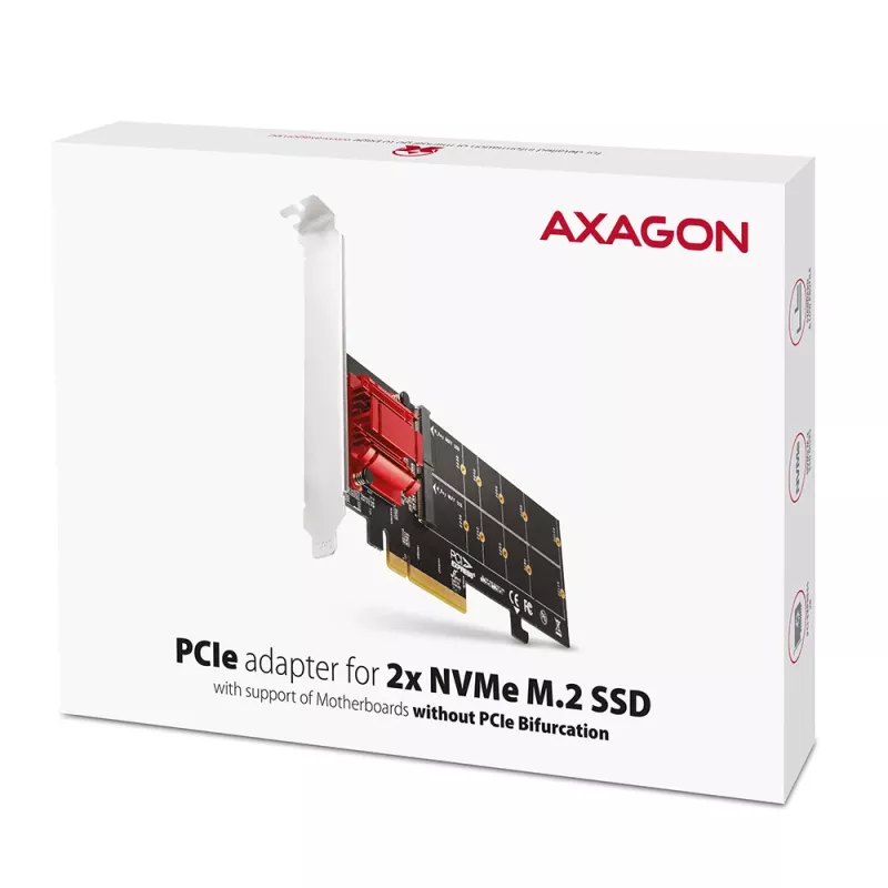 Axagon PCEM2-ND PCIe x8 - dviejų M.2 NVMe M-rakto lizdų adapteris, RAID, duomenų jungiklis, su SP ir LP
