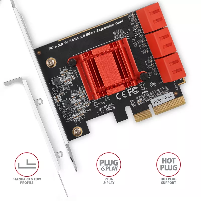 AXAGON PCES-SA6 PCIe į SATA sąsajos kortelė (ASM1166), 6 Gbit/s, pilno/žemo profilio, vidinė