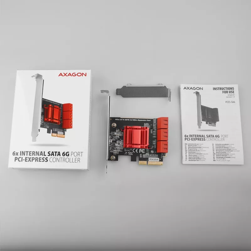AXAGON PCES-SA6 PCIe į SATA sąsajos kortelė (ASM1166), 6 Gbit/s, pilno/žemo profilio, vidinė