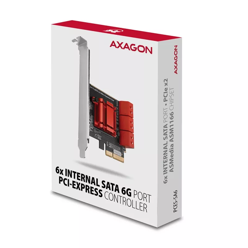 AXAGON PCES-SA6 PCIe į SATA sąsajos kortelė (ASM1166), 6 Gbit/s, pilno/žemo profilio, vidinė