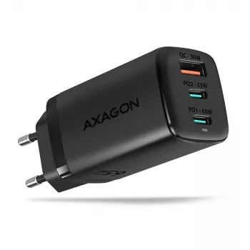Axagon ACU-DPQ65 GaN sieninis įkroviklis 65W, 3x prievadas (USB-A + du USB-C), PD3.0/QC4+/PPS/Apple