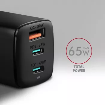 Axagon ACU-DPQ65 GaN sieninis įkroviklis 65W, 3x prievadas (USB-A + du USB-C), PD3.0/QC4+/PPS/Apple