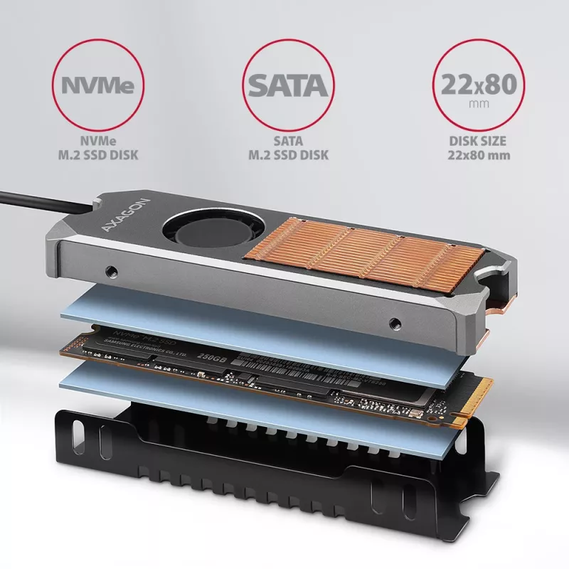 Axagon CLR-M2FAN varinis radiatoriaus šildytuvas su ventiliatoriumi vienpusiams ir dvipusiams M.2 SSD diskams, dydis 2280, aukštis 13 mm