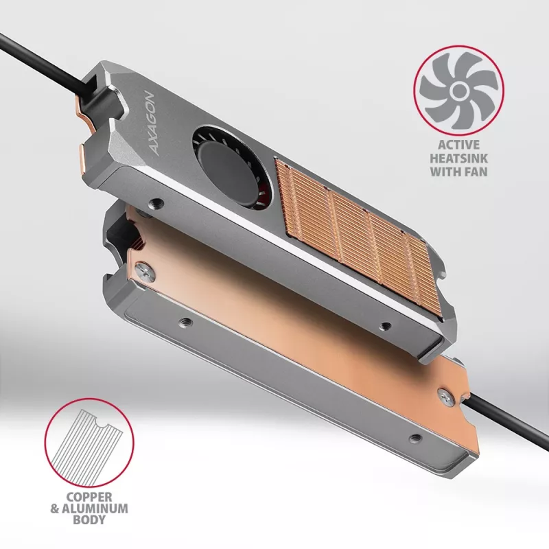 Axagon CLR-M2FAN varinis radiatoriaus šildytuvas su ventiliatoriumi vienpusiams ir dvipusiams M.2 SSD diskams, dydis 2280, aukštis 13 mm