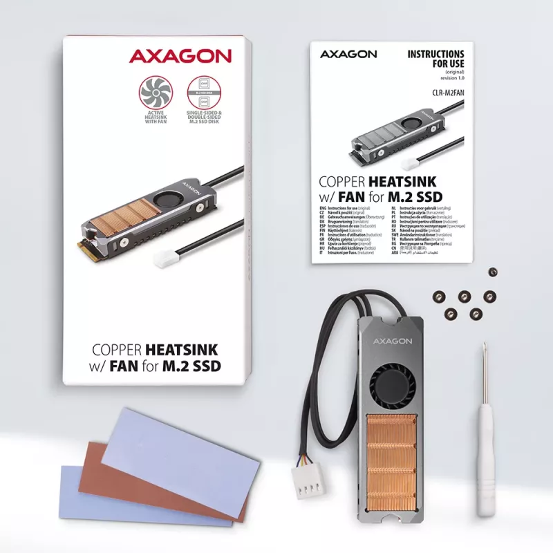 Axagon CLR-M2FAN varinis radiatoriaus šildytuvas su ventiliatoriumi vienpusiams ir dvipusiams M.2 SSD diskams, dydis 2280, aukštis 13 mm