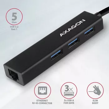 Axagon HMA-GL3A Multiport-Hub USB 3.0 Tipas A Gbit-LAN 3x USB-A microSD Laidinis USB 3.2 Gen 1 (3.1 Gen 1) Type-A Juodas