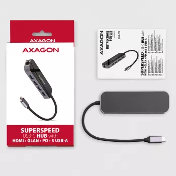 Axagon HMC-6GL USB 3.2 Gen 1 centrinis įrenginys, 3x USB-A, HDMI 4k/30Hz, RJ-45, PD 100W, 20 cm USB-C kabelis