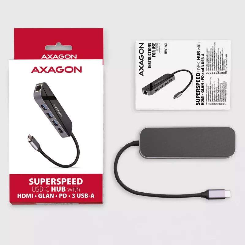 Axagon HMC-6GL USB 3.2 Gen 1 centrinis įrenginys, 3x USB-A, HDMI 4k/30Hz, RJ-45, PD 100W, 20 cm USB-C kabelis